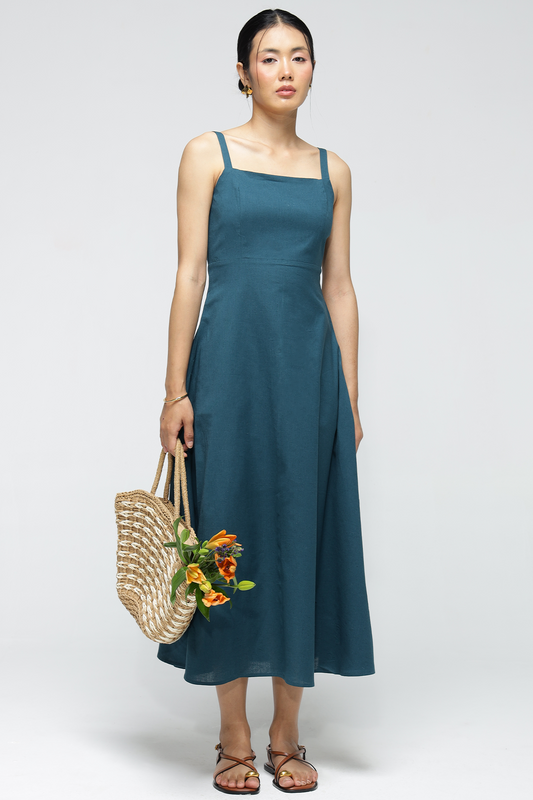 Fiora Linen Dress : Teal Blue